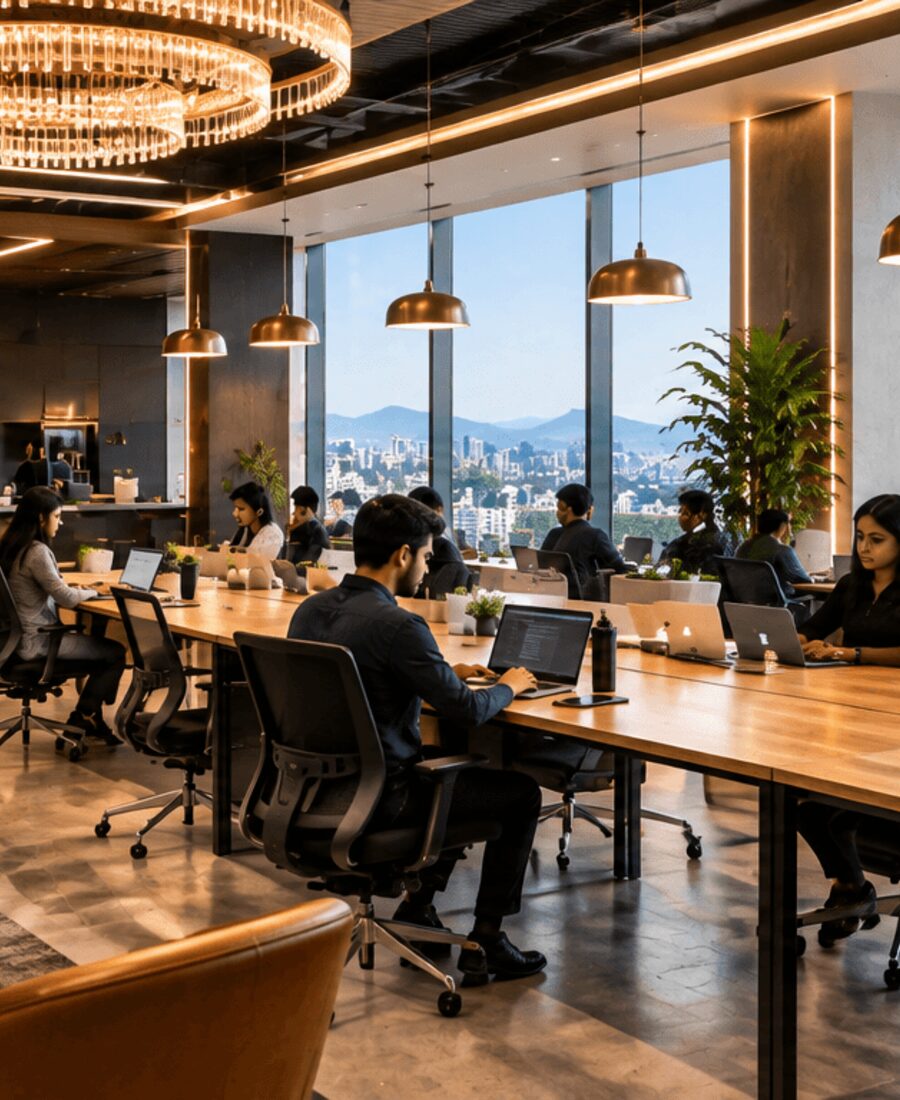 Premium open-plan coworking space in Pune with hot desks, private cabins and city skyline views