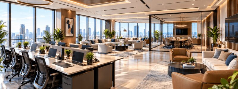 Managed enterprise office floor in Pune with fitted workstations, lounge and glass boardroom
