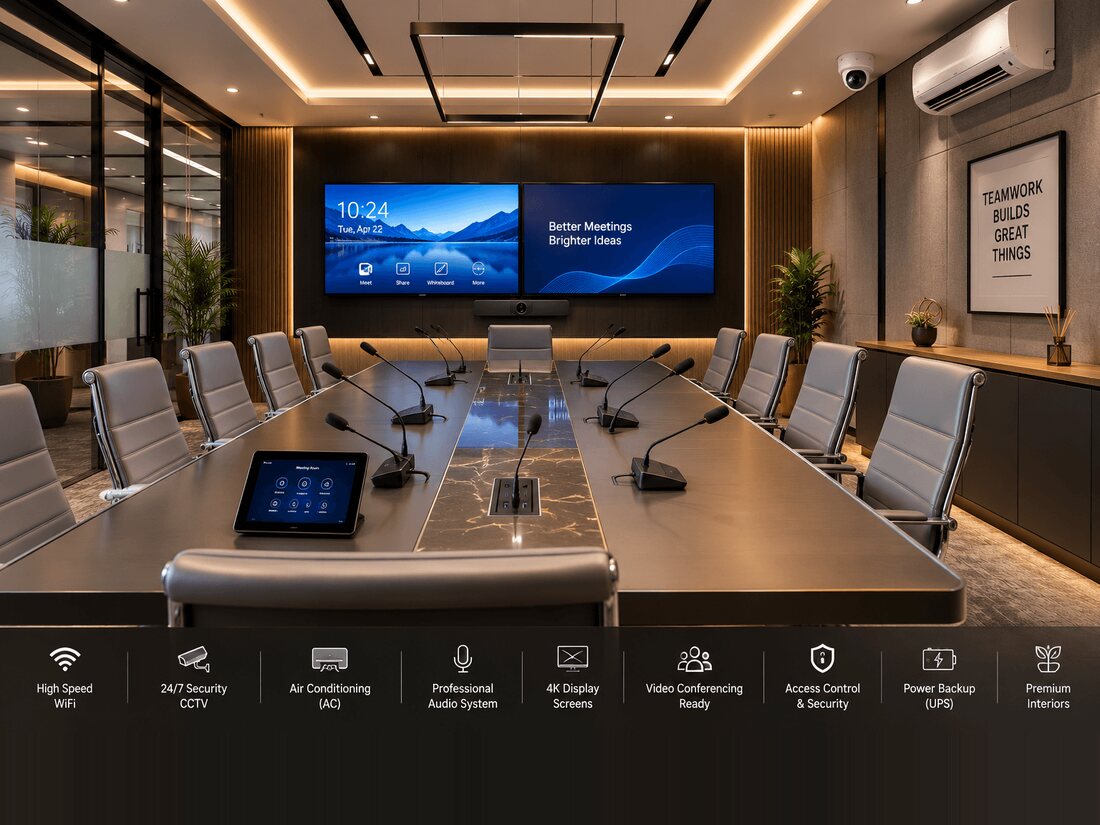 Managed office boardroom in Pune with video conferencing, 4K displays and enterprise amenities