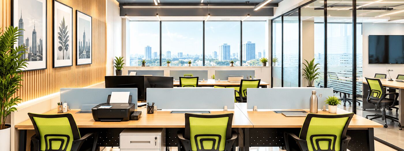 Managed office floor for a large team in Pune with workstations and a city view