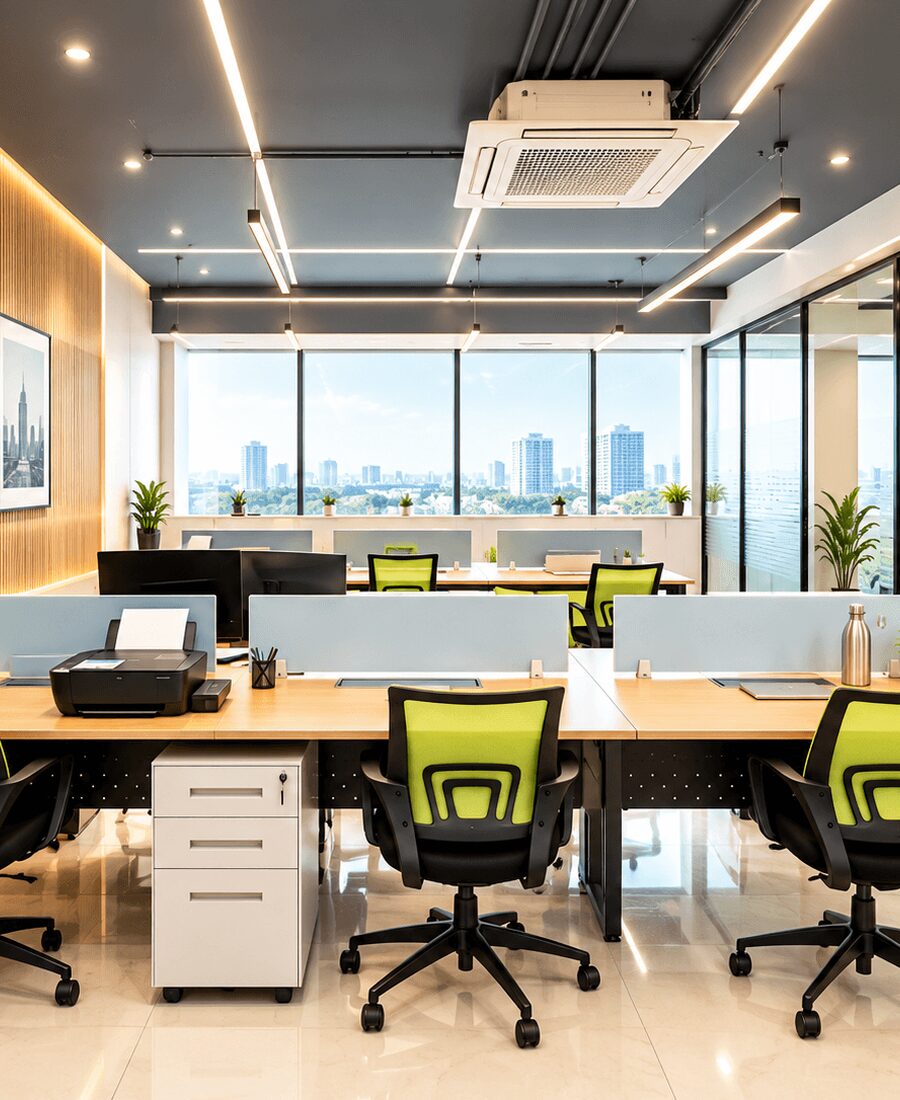 Managed office floor for a large team in Pune with workstations and a city view