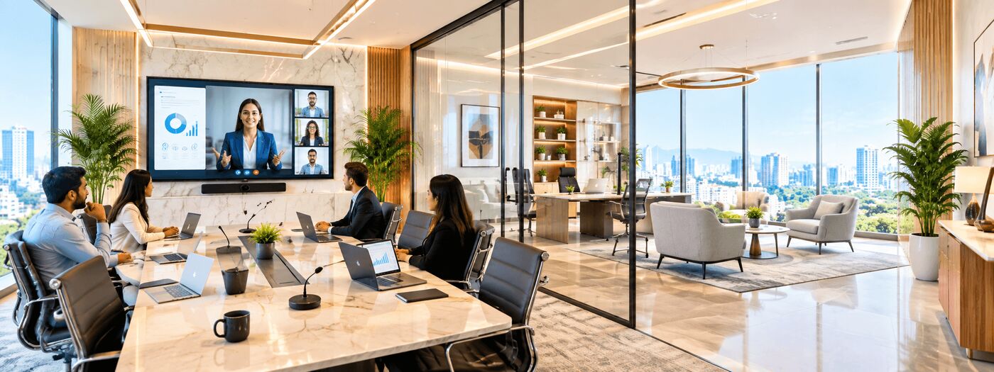 Boardroom with video conferencing and a breakout lounge, bookable by the hour in Pune